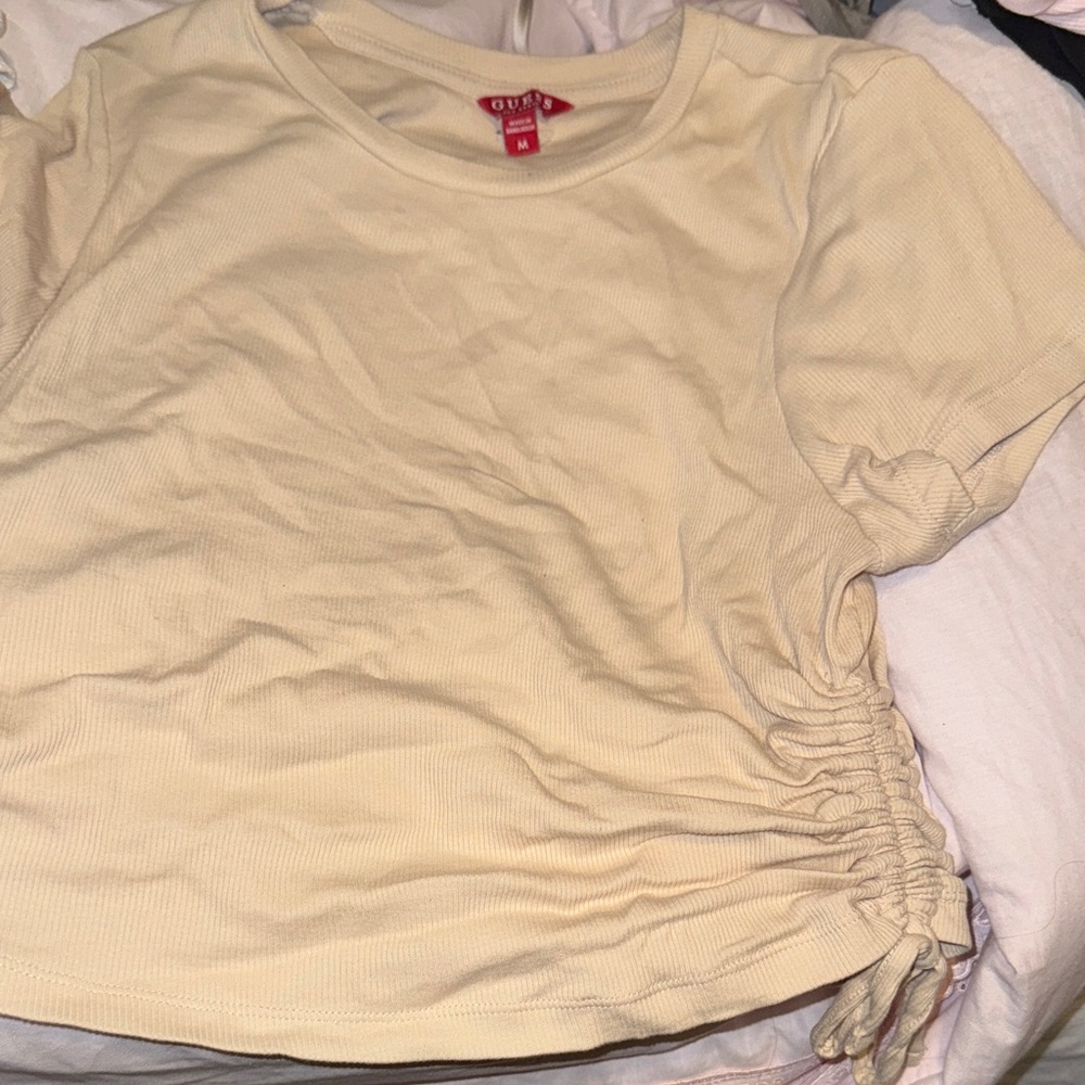 GUESS Cream Ribbed Drawstring Short Sleeve Top - Picture 2 of 2